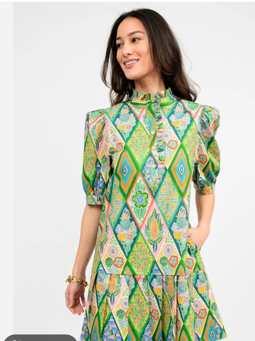 Uncle Frank Green Multi-Pattern Puff-Sleeve Mini Dress